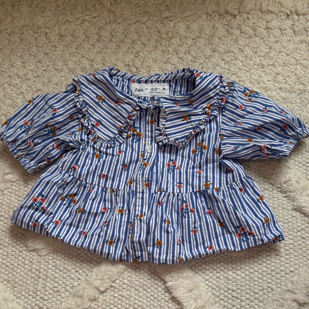 Zara Kids Blue and White Floral Striped Blouse
